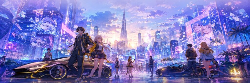 Stylish anime-inspired futuristic city scene with supernatural urban fantasy atmosphere and digital controversy themes