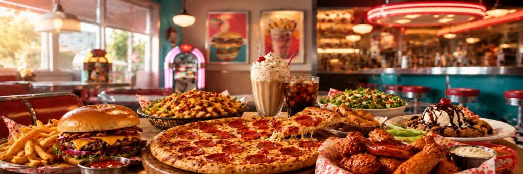 Stylized modern food advertising scene with cinematic restaurant visuals and commercial atmosphere