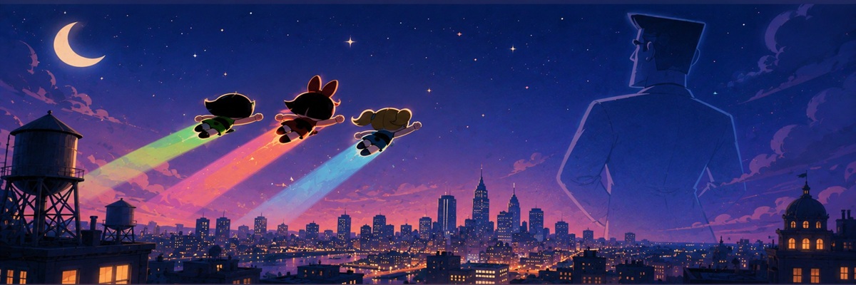 Stylized tribute to The Powerpuff Girls inspired by classic superhero animation