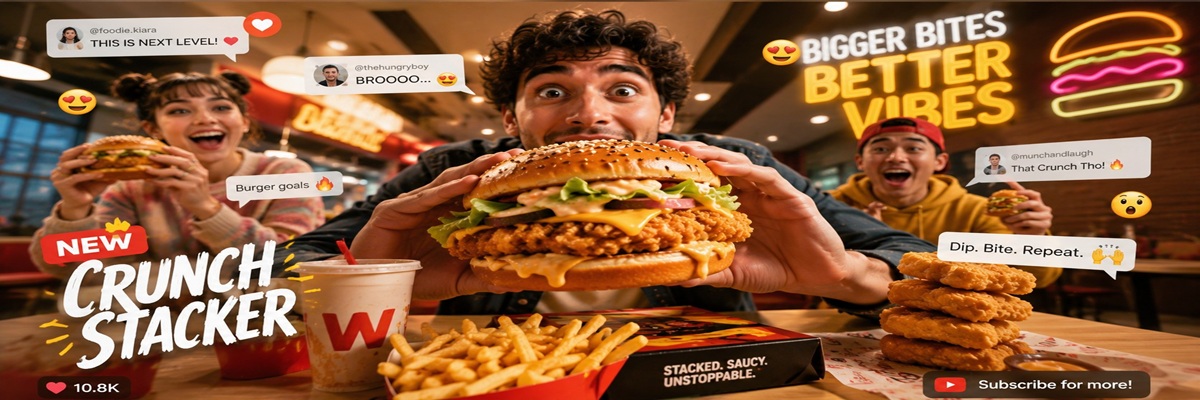 Modern fast-food advertising scene with comedic commercial atmosphere and social-media-inspired visuals