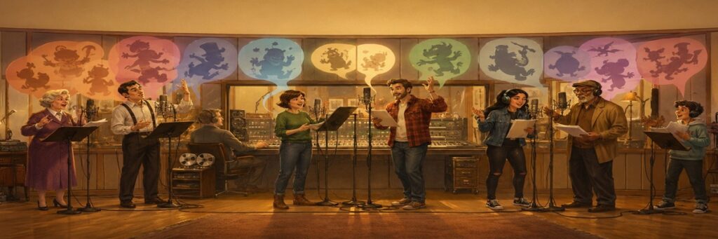 Illustration of veteran cartoon voice actors standing behind iconic animation-inspired characters from different eras of television history