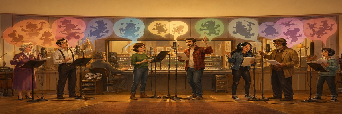 Illustration of veteran cartoon voice actors standing behind iconic animation-inspired characters from different eras of television history