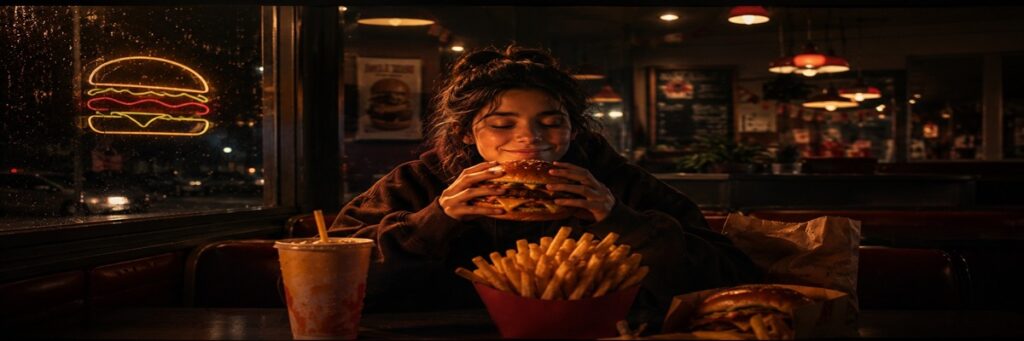 Surreal fast-food advertising scene with strange commercial atmosphere and unconventional visuals
