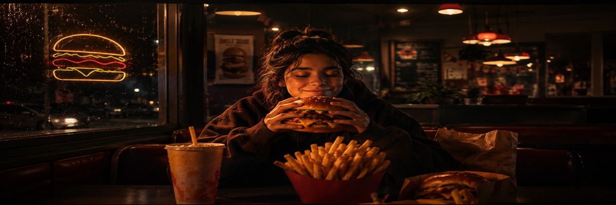 Surreal fast-food advertising scene with strange commercial atmosphere and unconventional visuals