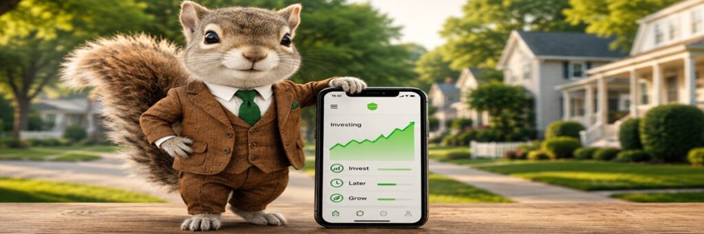 Illustration of a well-dressed squirrel standing beside a smartphone with a generic investment app in a suburban setting inspired by the Acorns commercial campaign