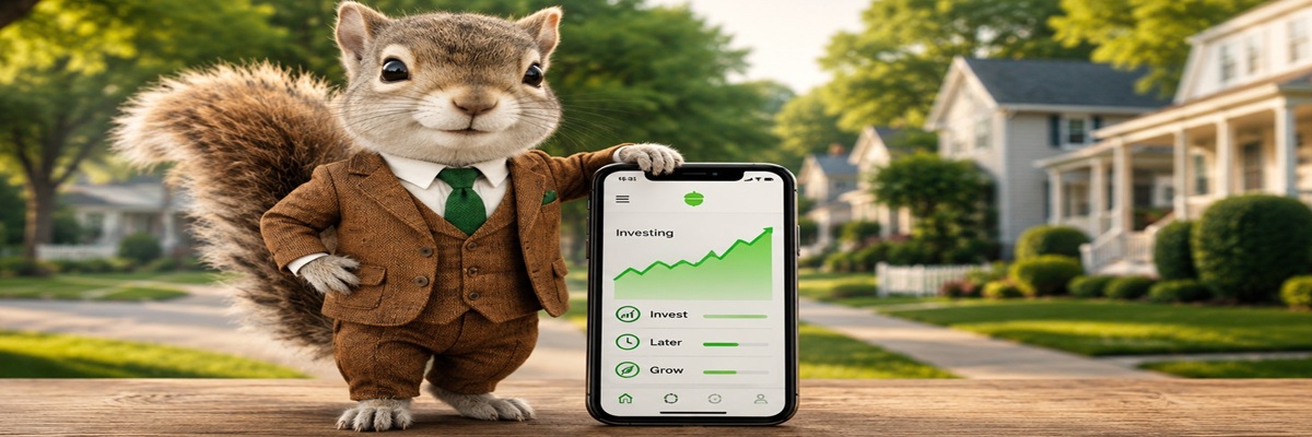 Illustration of a well-dressed squirrel standing beside a smartphone with a generic investment app in a suburban setting inspired by the Acorns commercial campaign