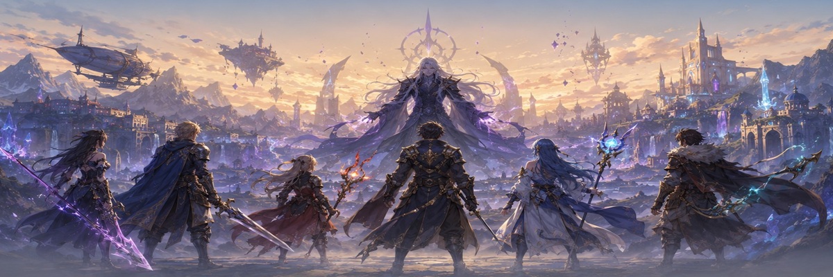 Fantasy role-playing heroes facing a silver-haired villain in an epic world-spanning adventure inspired by Final Fantasy VII Revelation