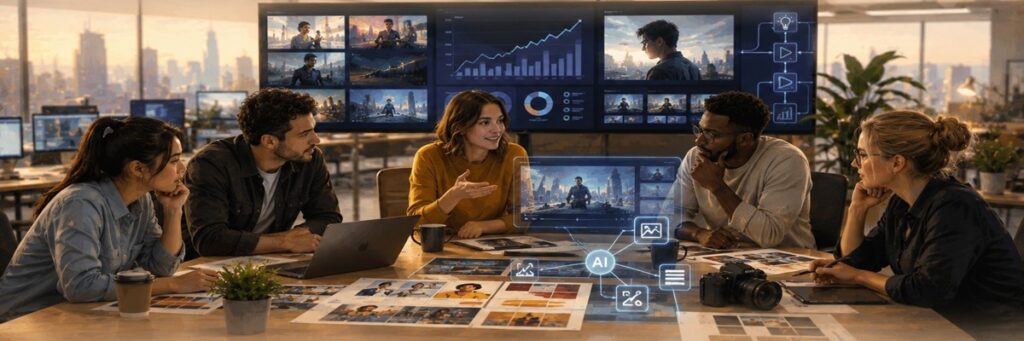 Marketing team reviewing AI-generated advertising content and automated video production tools