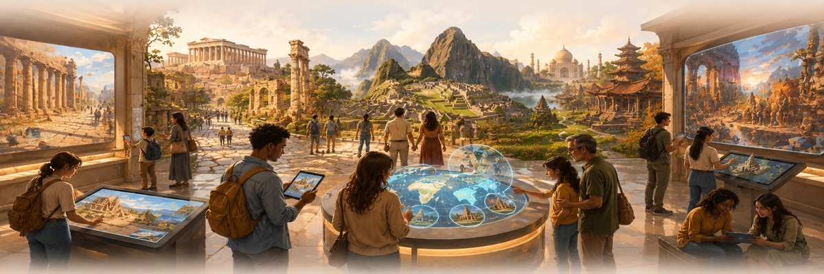 Visitors explore interactive digital exhibits connecting global heritage sites, ancient landmarks, and historical pathways within a modern cultural learning space.
