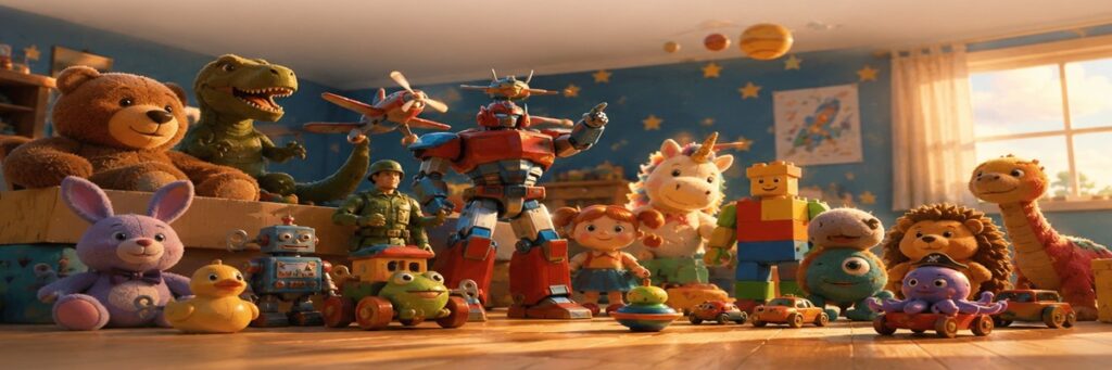 Animated toy characters gathered in a child's room as a familiar toy returns for a new adventure