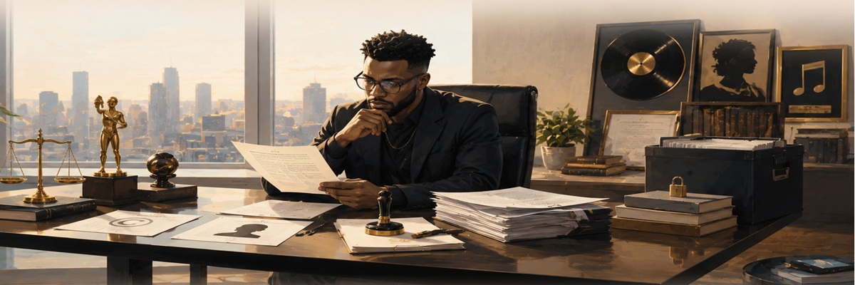 Entertainment professional reviewing legal documents related to vocal identity and intellectual property in the age of artificial intelligence