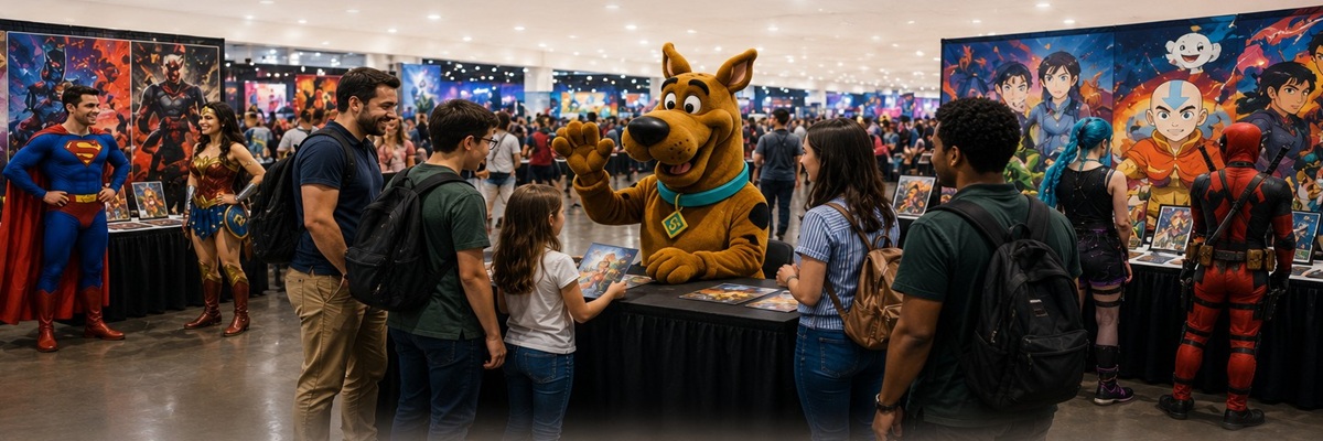 Illustration of fans enjoying a comic convention with a friendly Great Dane-inspired mascot, cosplay, and animation-themed displays celebrating voice acting and pop culture.