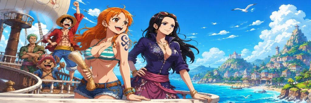 Original anime-inspired pirate crew sailing toward a colorful island with two female adventurers at the forefront