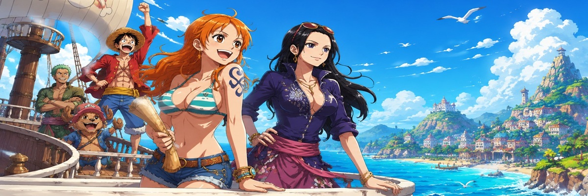 Original anime-inspired pirate crew sailing toward a colorful island with two female adventurers at the forefront