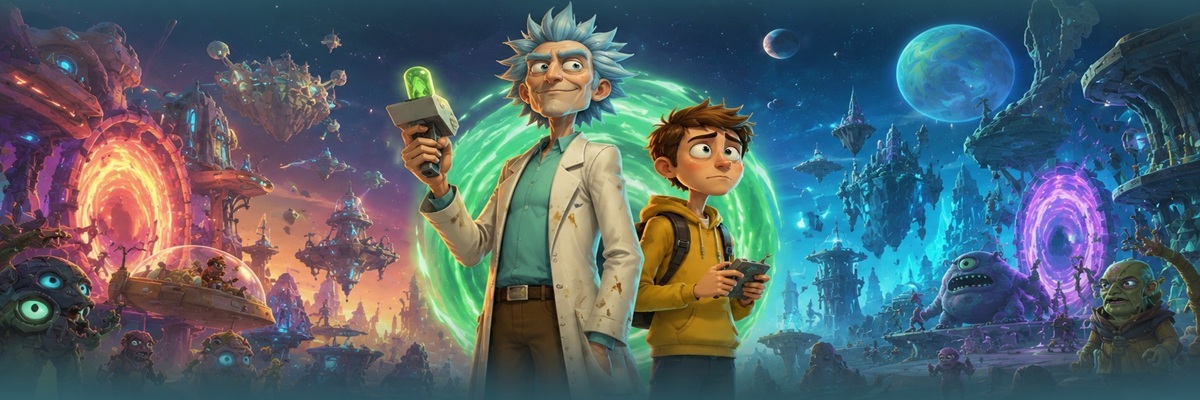 Animated sci-fi adventure scene featuring two eccentric characters in an interdimensional setting representing the future of a long-running animated franchise.
