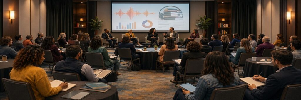 Audiobook narrators gathered at a professional industry meeting focused on voice performance and union advocacy