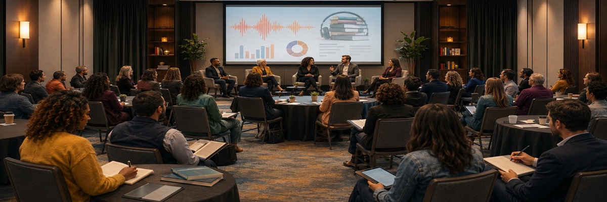 Audiobook narrators gathered at a professional industry meeting focused on voice performance and union advocacy