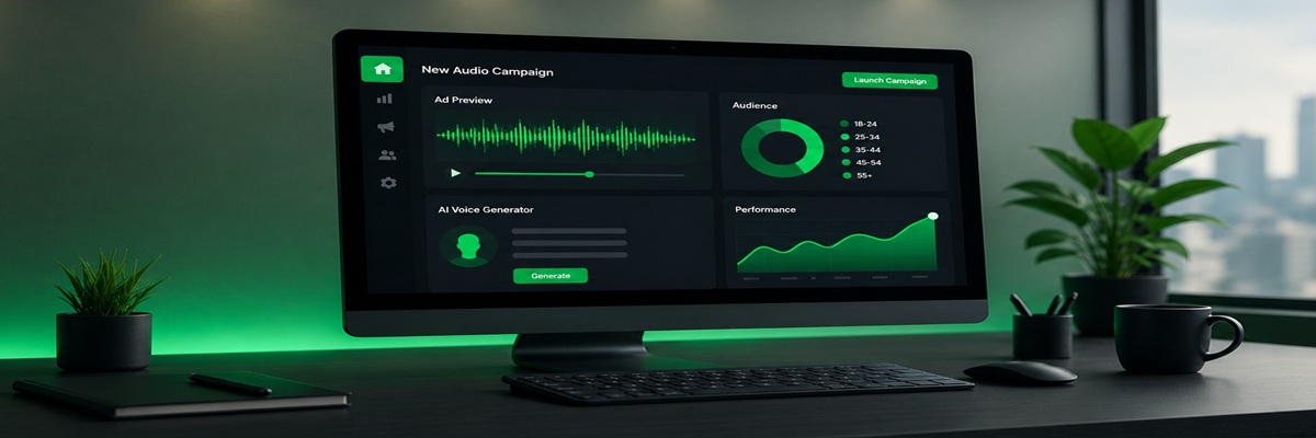 AI-powered advertising platform creating digital audio campaigns with automated voice technology
