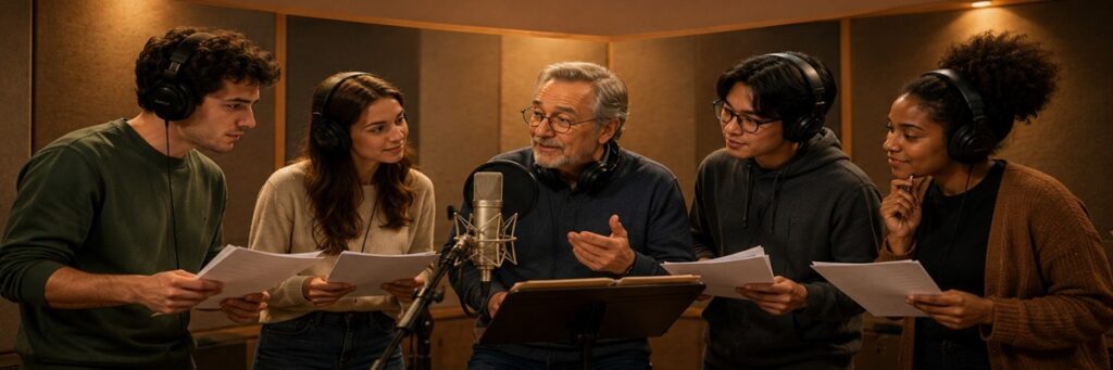 Veteran voice actor recording in a professional studio while mentoring the next generation of performers