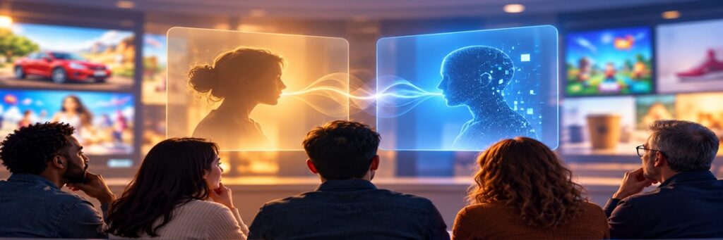 Listeners compare human and AI-generated advertising voices, illustrating research into how difficult synthetic voices can be to distinguish from real performers.