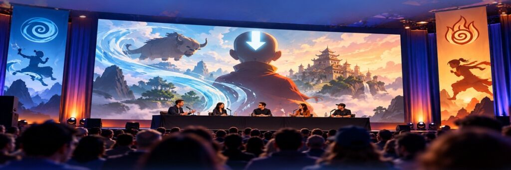 SDCC 2026 panel discussing the upcoming Avatar Aang project, with an elemental fantasy backdrop inspired by the world of Avatar.