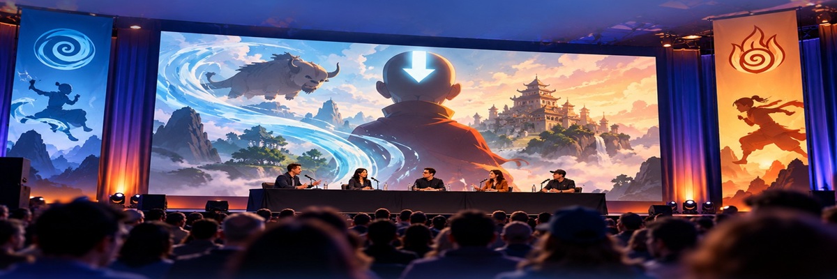 SDCC 2026 panel discussing the upcoming Avatar Aang project, with an elemental fantasy backdrop inspired by the world of Avatar.