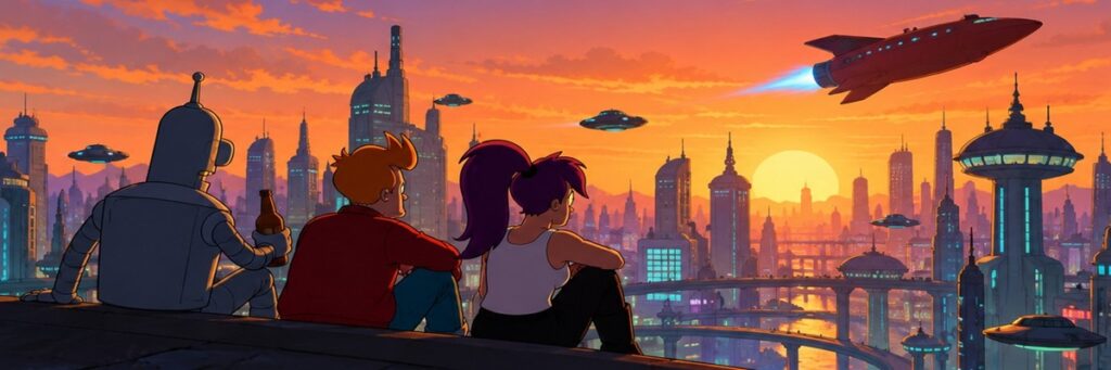 Animated futuristic city at sunset with a robot and two companions overlooking flying vehicles and a spaceship, inspired by Futurama’s Season 14 SDCC 2026 presentation.