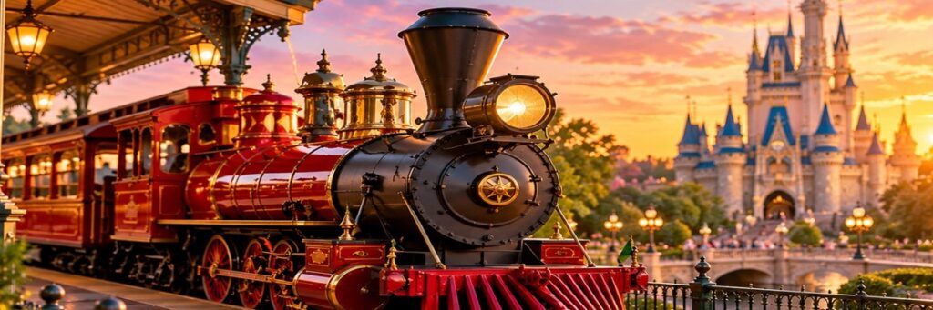 Vintage steam locomotive arriving at a magical theme park station at sunset, representing the Walt Disney World Railroad and its new voiceover.