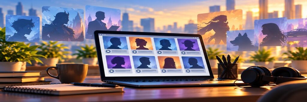 Laptop displaying online voice casting profiles in a modern workspace, representing digital casting platforms in the voiceover industry.