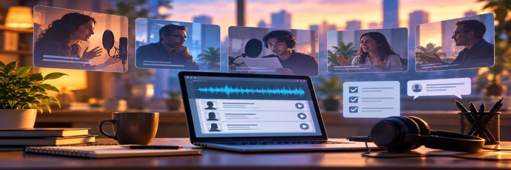 Online voice casting process showing voice actors and clients collaborating remotely through a digital casting platform.