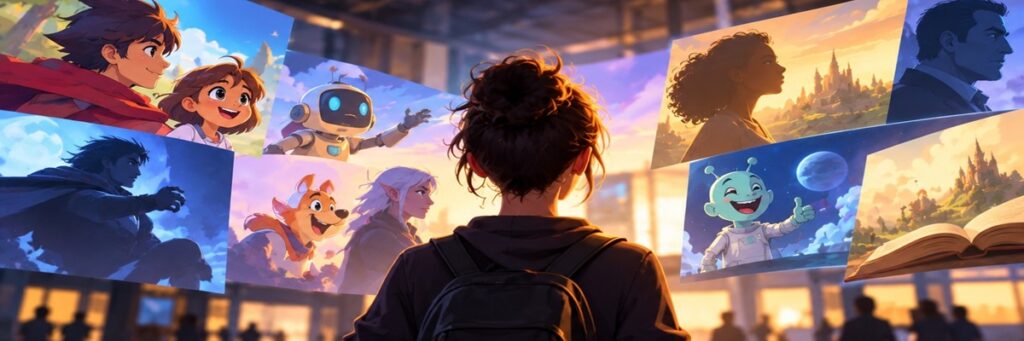 Aspiring voice actor surrounded by possibilities across animation, games, fantasy and narration, representing the journey of breaking into voice acting.