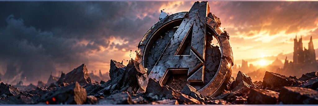 Damaged superhero emblem lying among battlefield ruins at sunset, evoking the ominous tone of the Avengers: Doomsday trailer.