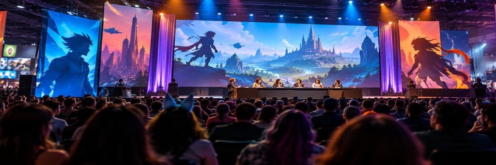 Crowded convention panel featuring animation and gaming presentations on a brightly lit stage, inspired by SDCC 2026.