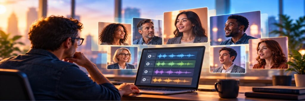 Client reviewing a diverse selection of voice talent through an online casting platform, highlighting the convenience and choice offered by digital casting.