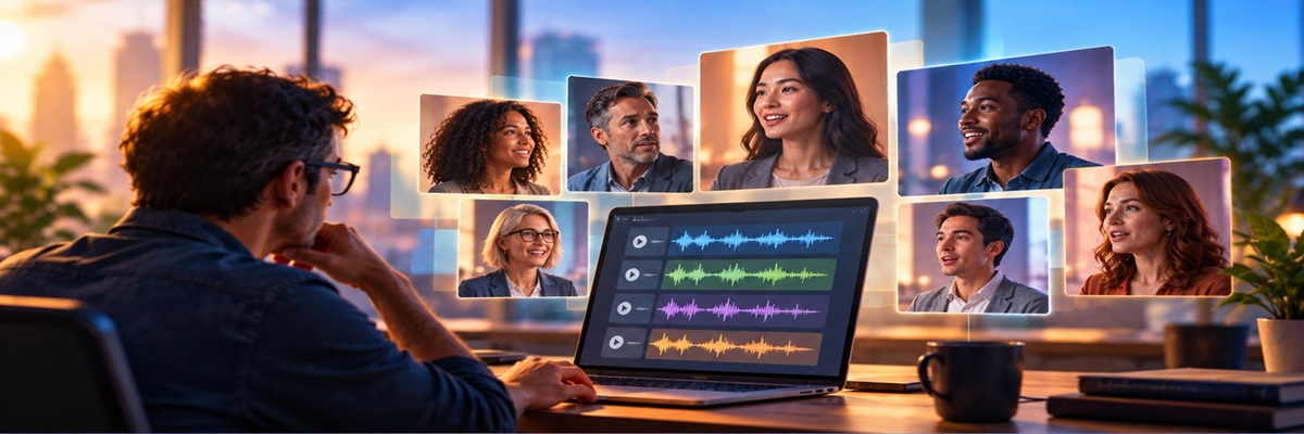 Client reviewing a diverse selection of voice talent through an online casting platform, highlighting the convenience and choice offered by digital casting.