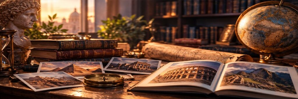Historian’s desk filled with archival books, maps, ancient landmarks and a globe, representing historical documentary storytelling and narration.