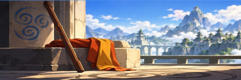 A wooden staff draped in orange fabric beside an arrow-marked sphere overlooking misty mountains, symbolizing Aang's return and the adult Team Avatar voice cast.