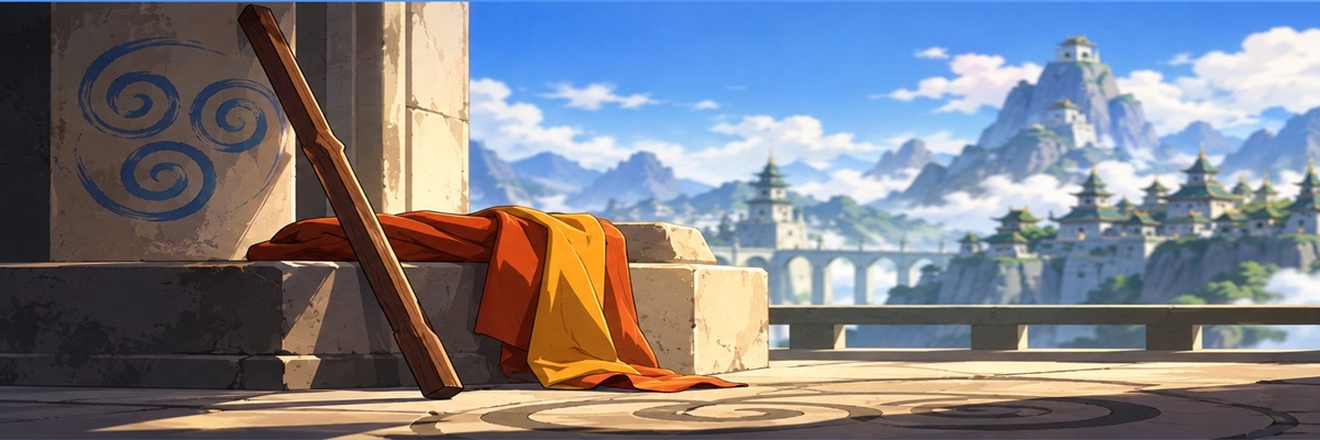 A wooden staff draped in orange fabric beside an arrow-marked sphere overlooking misty mountains, symbolizing Aang's return and the adult Team Avatar voice cast.