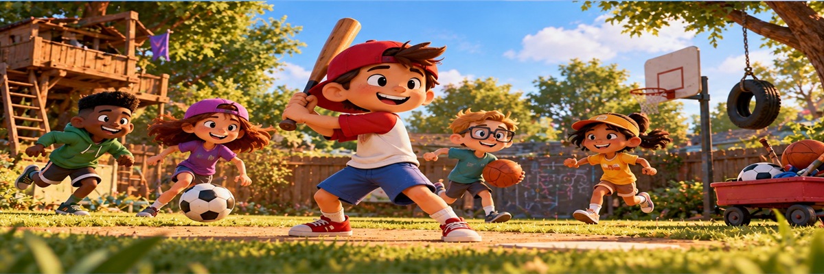 Animated kids playing baseball, soccer and basketball together in a colorful backyard, representing the Backyard Sports animated series.