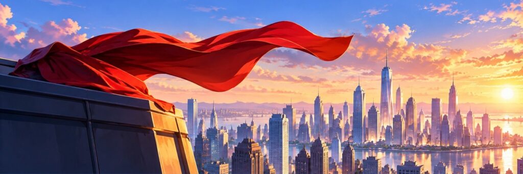 Red superhero cape billowing above a city skyline at sunset, representing the return of My Adventures with Superman for Season 3.