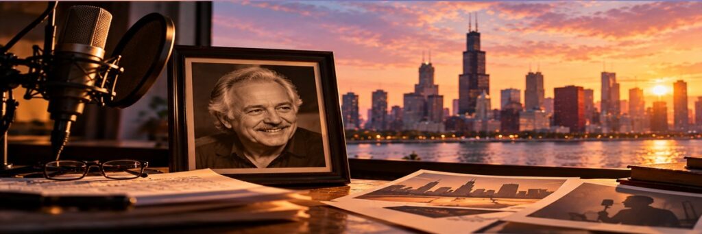 Tribute to a veteran Chicago voiceover artist with a framed portrait overlooking the Chicago skyline at sunset.