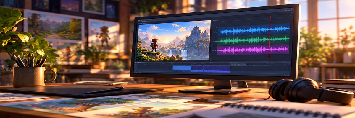 Digital editing workspace displaying animation and multitrack audio editing tools, representing Adobe Firefly's AI-powered voiceover and audio features.