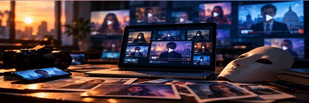 Human voice transformed into an artificial digital identity beside viral video feeds, representing AI voice cloning used to create fake online videos.