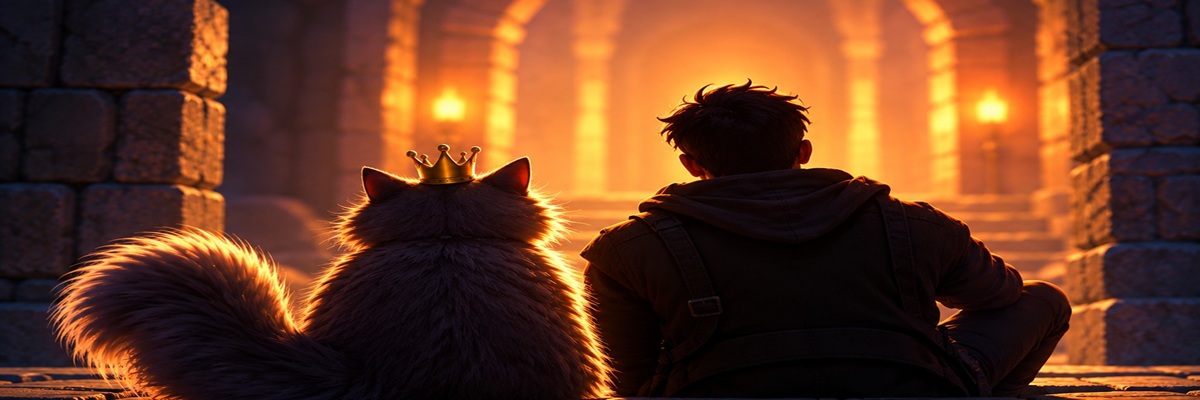 Crowned cat and adventurer sitting inside a torchlit stone dungeon, inspired by Princess Donut and Carl from Dungeon Crawler Carl.