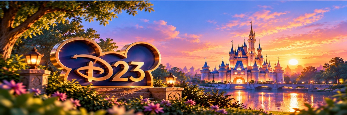 D23-inspired emblem overlooking a glowing fairytale castle at sunset, representing Disney animation and voice cast announcements at D23 2026.