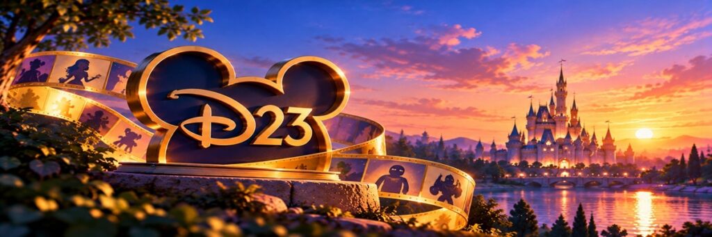 D23-inspired emblem surrounded by a filmstrip of animated character silhouettes, representing voiceover across Disney projects showcased at D23 2026.