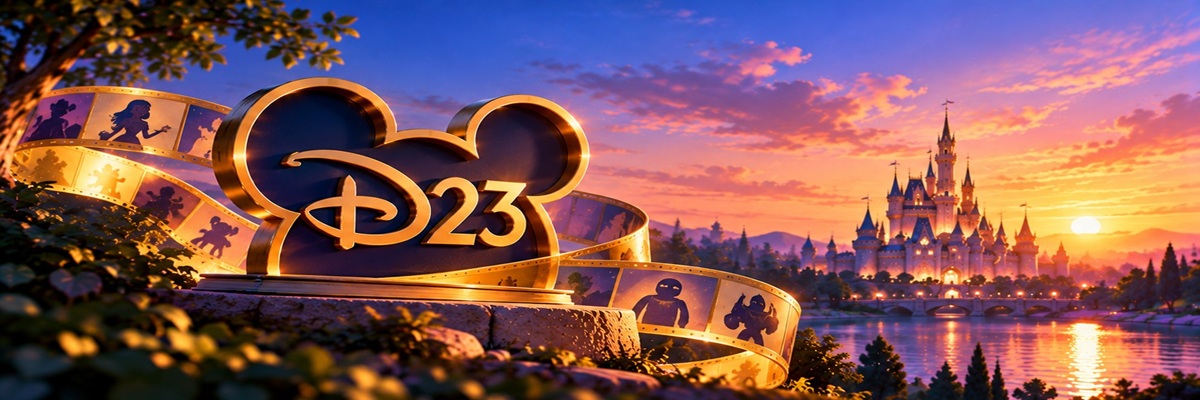 D23-inspired emblem surrounded by a filmstrip of animated character silhouettes, representing voiceover across Disney projects showcased at D23 2026.