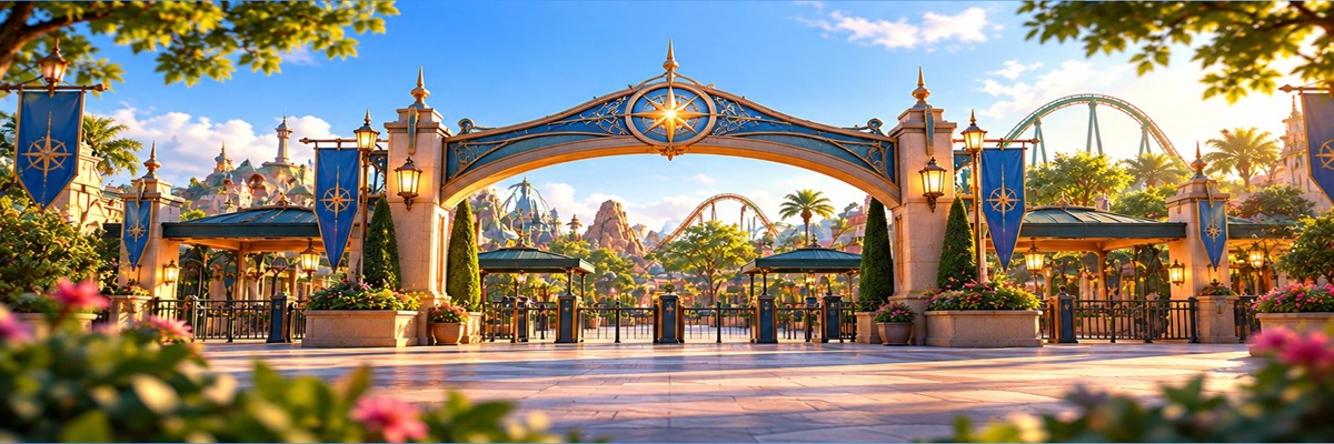 Ornate theme park entrance arch with decorative gates, colorful banners, and roller coasters in the background, representing theme park attractions and experiences.