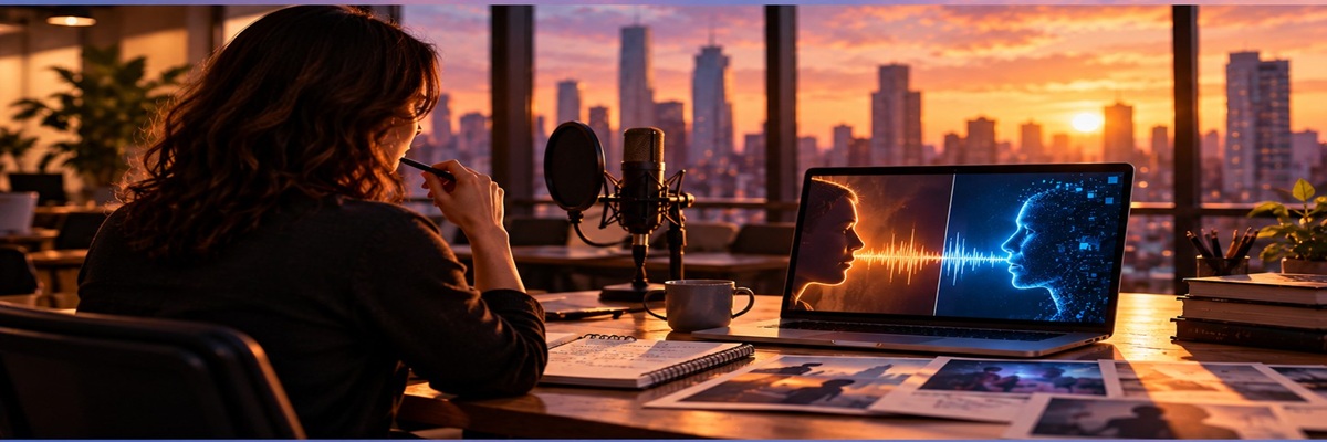 Creative professional comparing human and AI voice options for agency projects, representing changing approaches to commercial voiceover.
