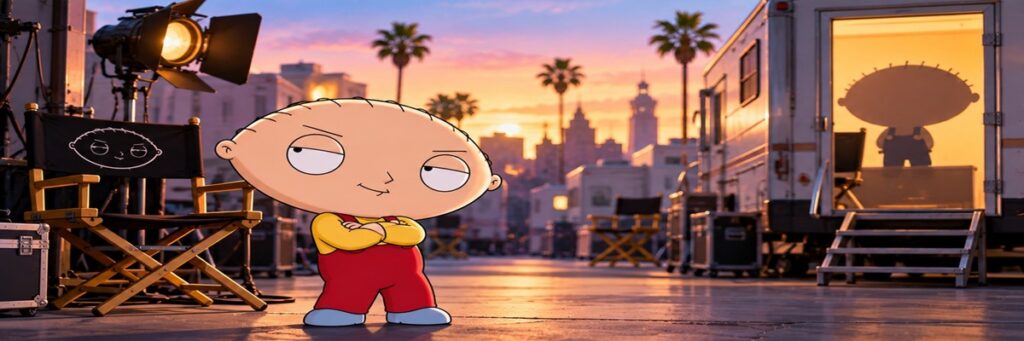 Stewie-inspired animated character standing on a Hollywood studio lot, representing the Family Guy spinoff revealed at Comic-Con.